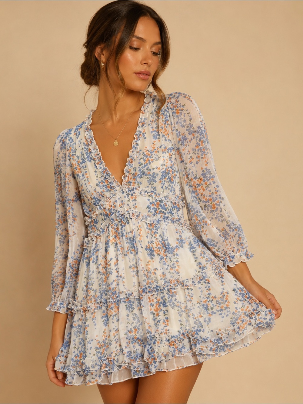 SHEIN Blue & Peach Floral Ruffle Tiered Mini Dress